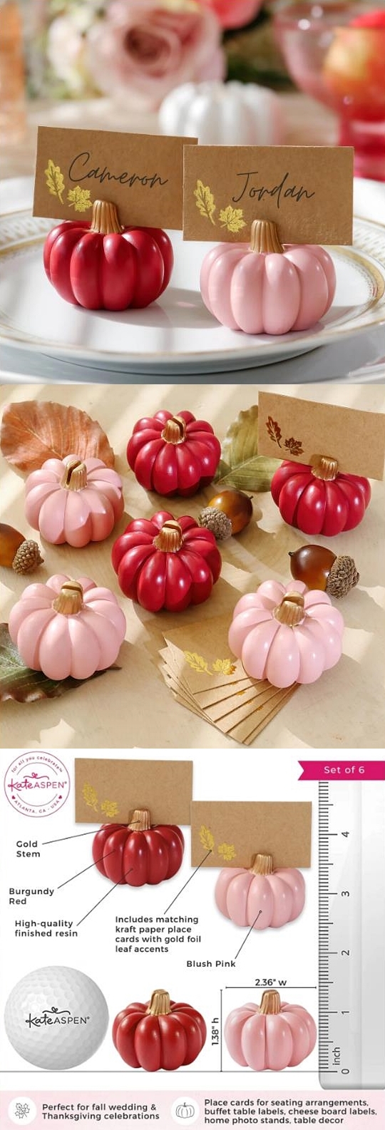 Kate Aspen Burgundy and Blush Pink Pumpkin Place Card Holders (Set of 6)