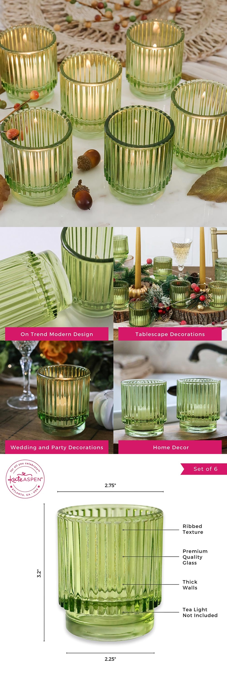 Kate Aspen Ribbed Green-Colored Glass Votive Candle Holders (Set of 6)