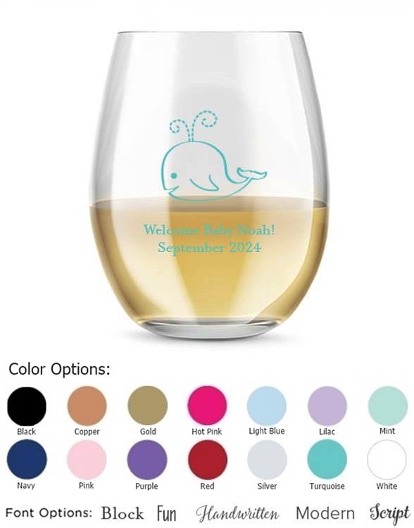 Kate Aspen Personalized 15oz Baby Whale Design Stemless Wine Glass