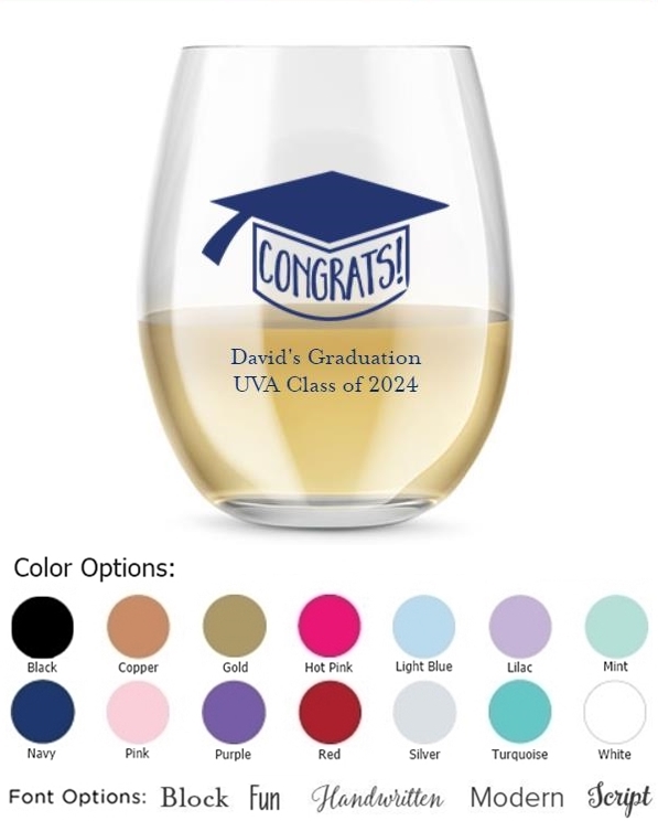 Kate Aspen Personalized 15oz Congrats! Cap Design Stemless Wine Glass