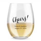 Kate Aspen Personalized 15oz Cheers! Script Design Stemless Wine Glass