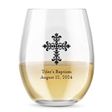 Kate Aspen Personalized 15oz Ornate Cross Design Stemless Wine Glass