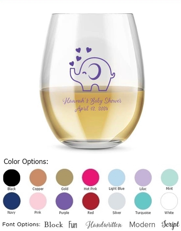 Kate Aspen Personalized 15oz Baby Elephant Design Stemless Wine Glass