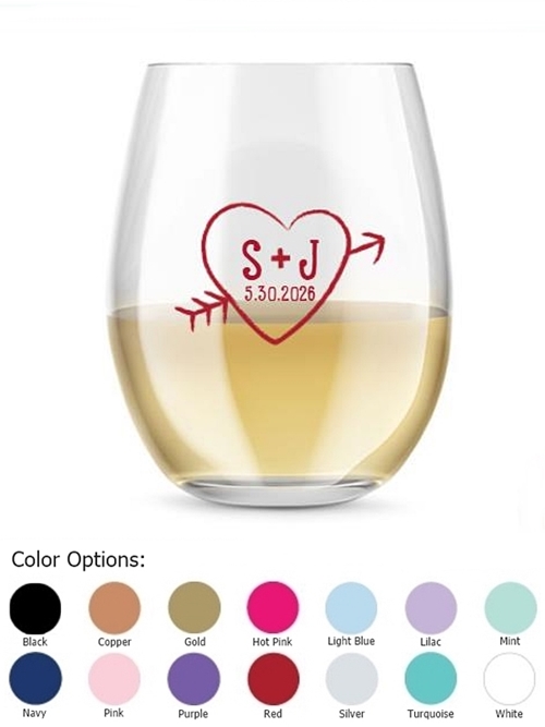 Kate Aspen Personalized 15oz Monogram Carved Heart Design Stemless Wine Glass