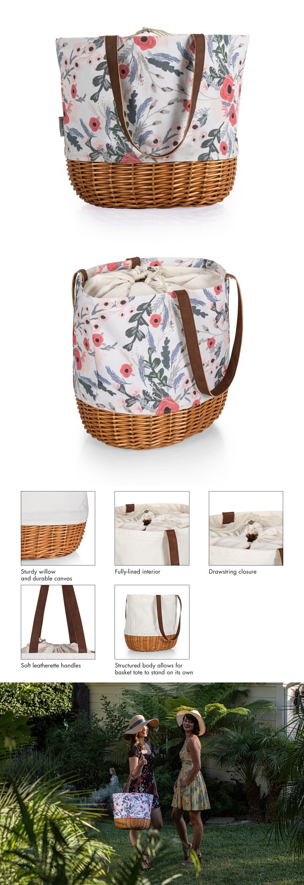 Coronado Canvas and Willow Basket Tote with Beautiful Floral Pattern