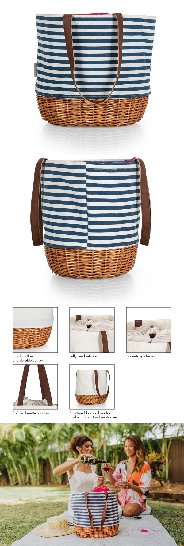 Coronado Canvas and Willow Basket Tote with Navy Blue & White Stripe Pattern