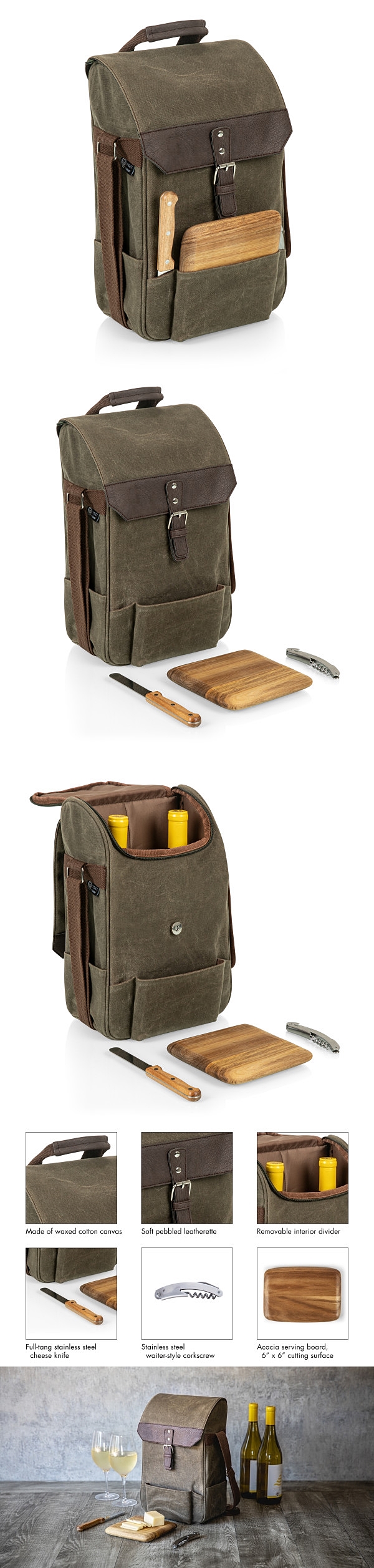 Legacy Khaki Green Two-Bottle Insulated Wine & Cheese Cooler