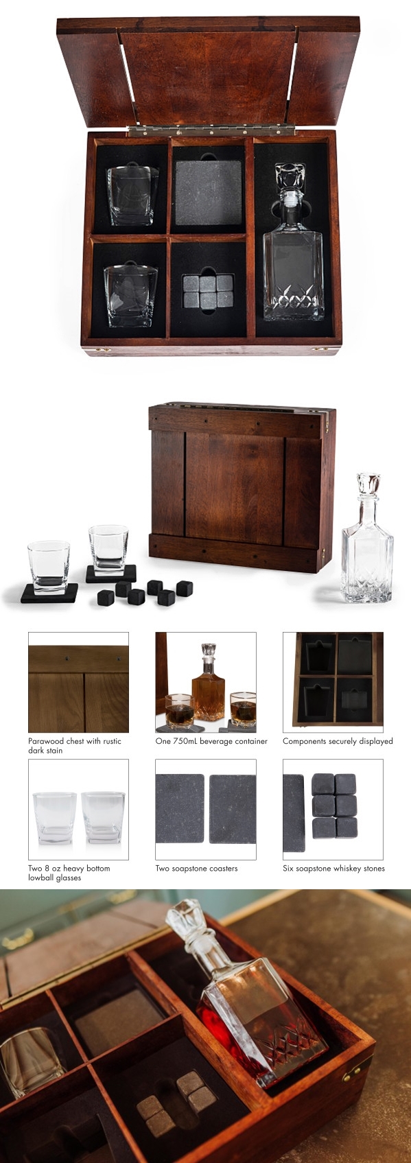 Legacy Wooden Whiskey Box Gift Set with Decanter & Rocks Glasses