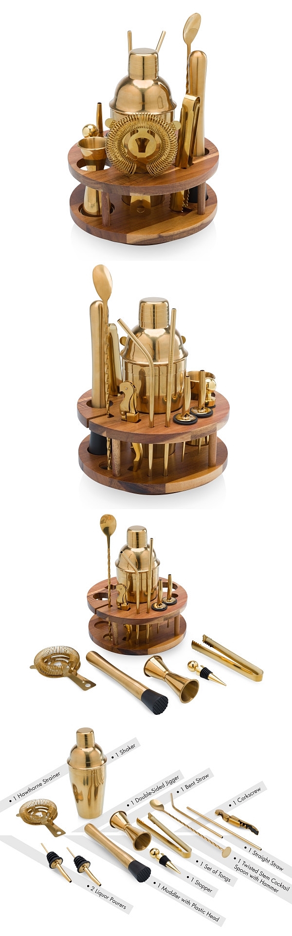 Legacy 'Carousel' Acacia-Wood Lazy Susan with Gold-Plated Bar Tool Set