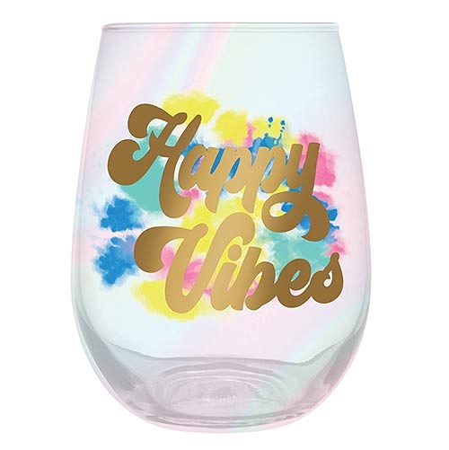 Jumbo 30oz Stemless Wine Glasses with 'Happy Vibes' Graphic (Set of 4)