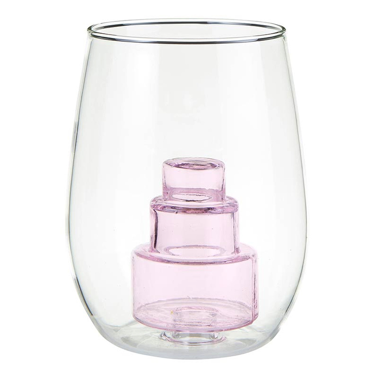 16oz Stemless Wine Glasses with 3D Pink Wedding Cake Figurine (Set of 6)