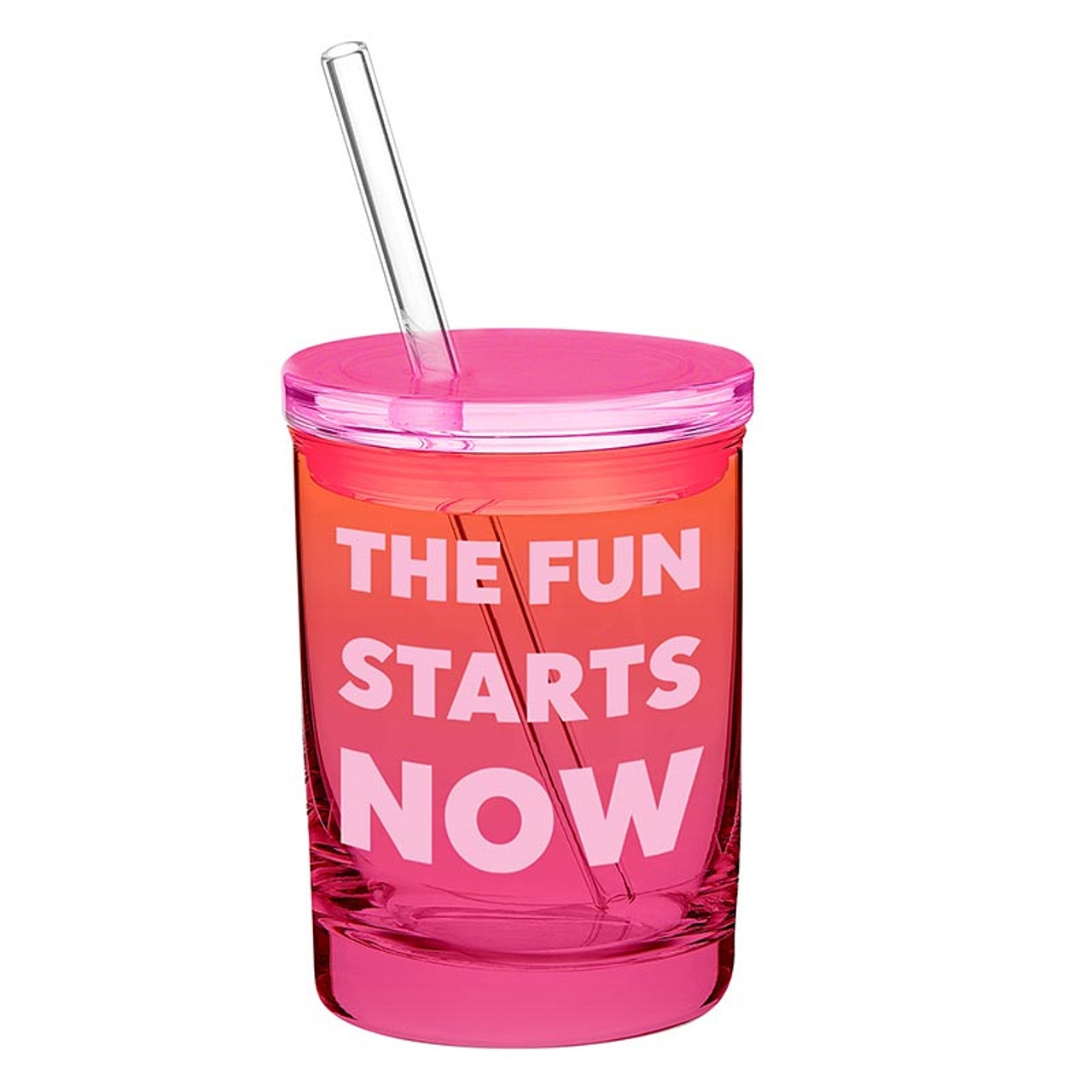 'The Fun Starts Now' Design Glass Tumblers with Lids and Straws (Set of 6)