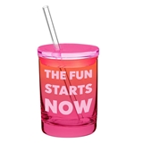 'The Fun Starts Now' Design Glass Tumblers with Lids and Straws (Set of 6)