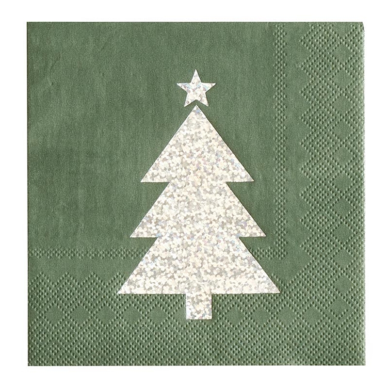 Retro Christmas Tree Design Silver Glitter-Print Green Napkins (Set of 80)