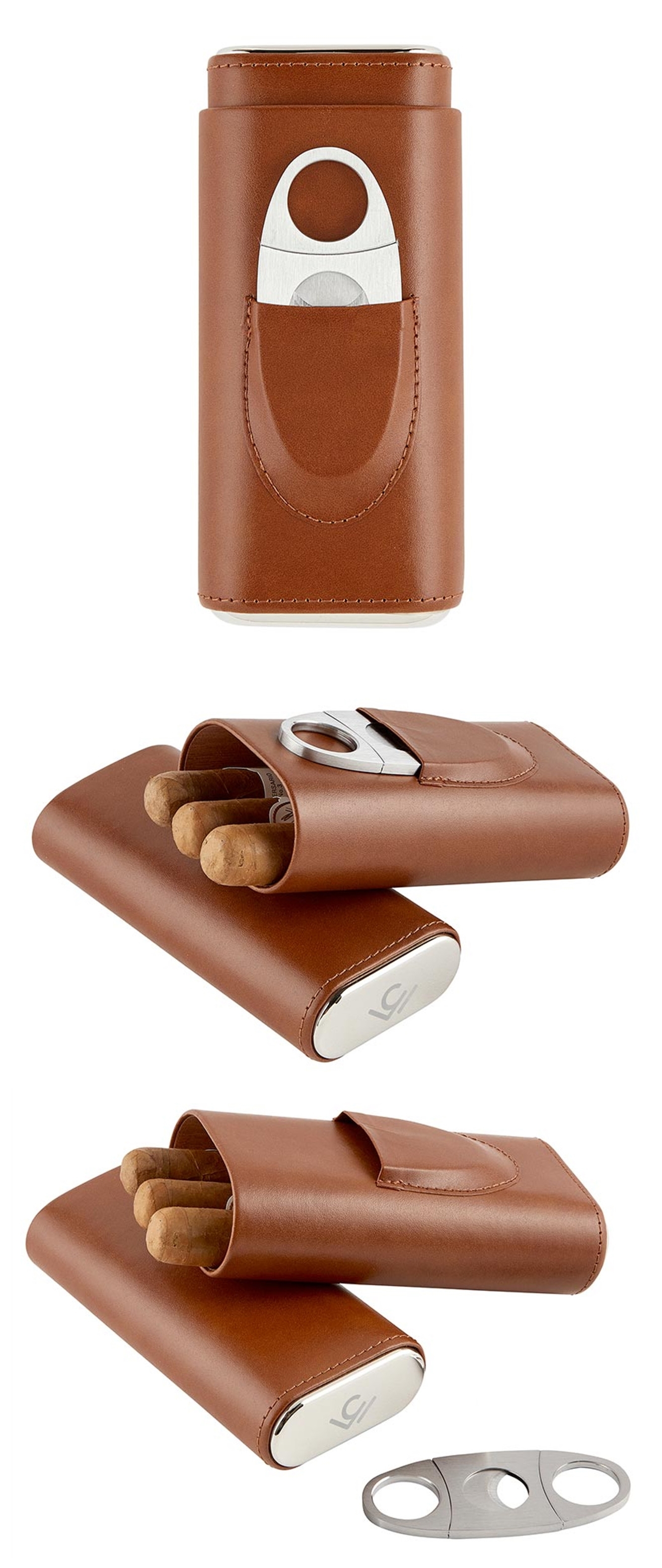 Cole Wheeler 3 Finger Genuine Leather Cigar Case & Stainless-Steel Cutter