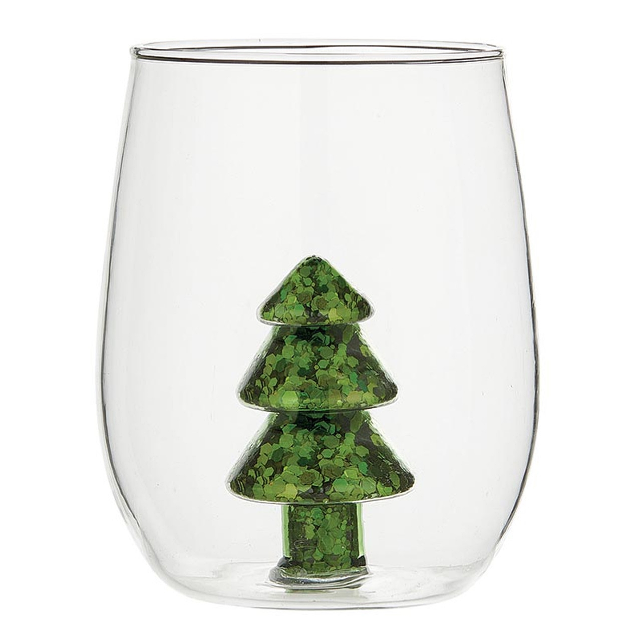 20oz Stemless Wine Glasses with 3D Glitter Christmas Tree Figurine (Set of 4)