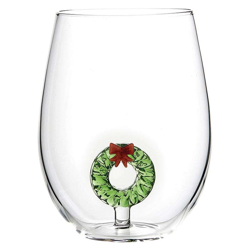 20oz Stemless Wine Glasses with 3D Christmas Wreath Figurine (Set of 4)