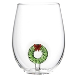 20oz Stemless Wine Glasses with 3D Christmas Wreath Figurine (Set of 4)