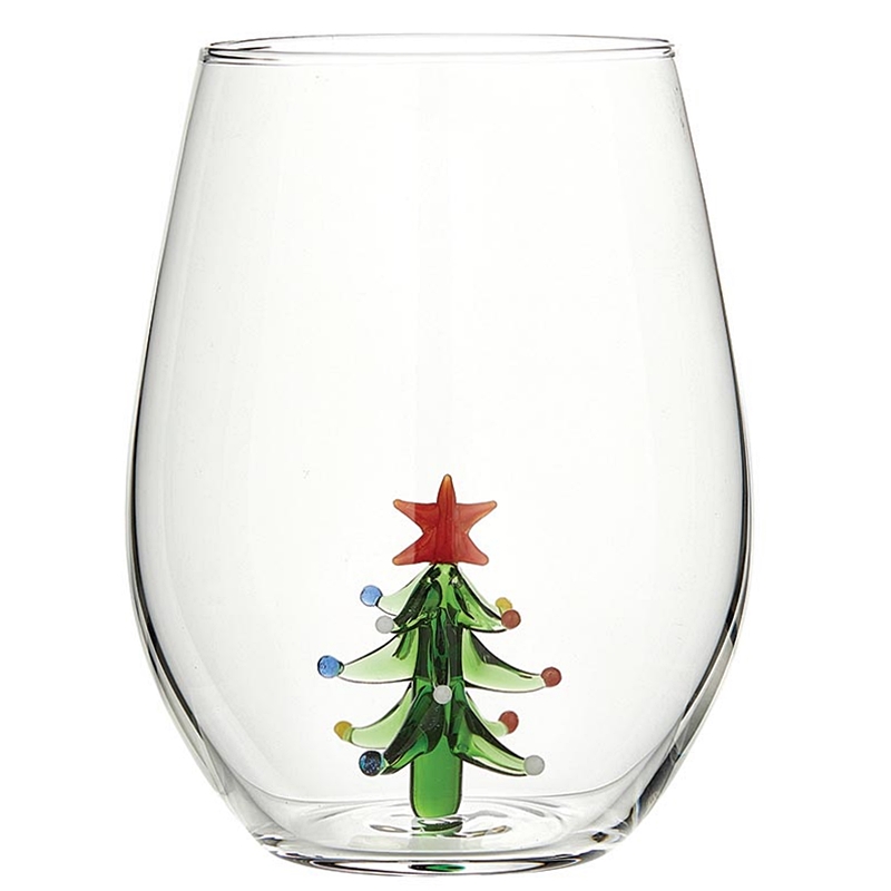 20oz Stemless Wine Glasses with 3D Christmas Tree Figurine (Set of 4)