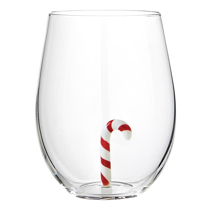 20oz Stemless Wine Glasses with 3D Christmas Candy Cane Figurine (Set of 4)