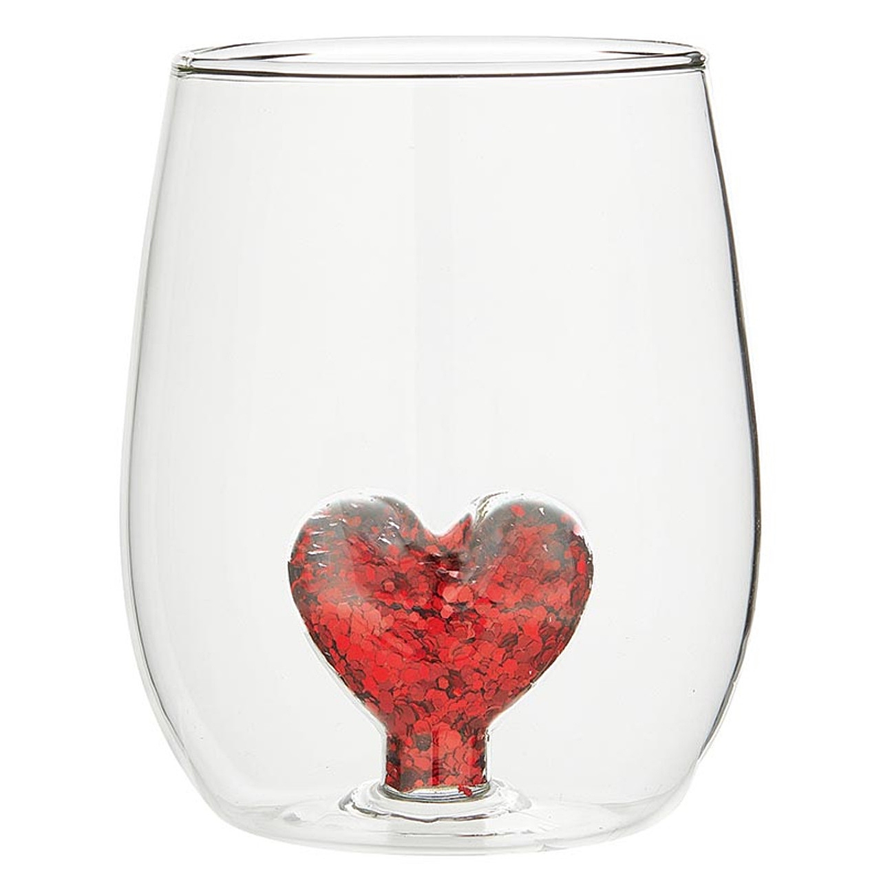 18oz Stemless Wine Glasses with 3D Glitter Valentine's Heart Figurine (Set of 4)