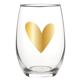 17oz Stemless Wine Glasses with Valentine's Day Gold Heart Design (Set of 4)