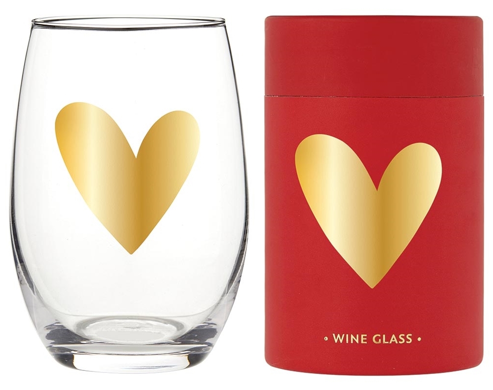 17oz Stemless Wine Glasses with Valentine's Day Gold Heart Design (Set of 4)