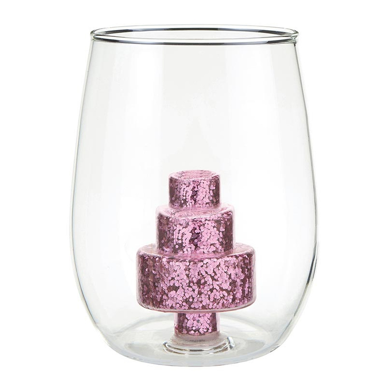 16oz Stemless Wine Glasses with 3D Glitter Wedding Cake Figurine (Set of 4)