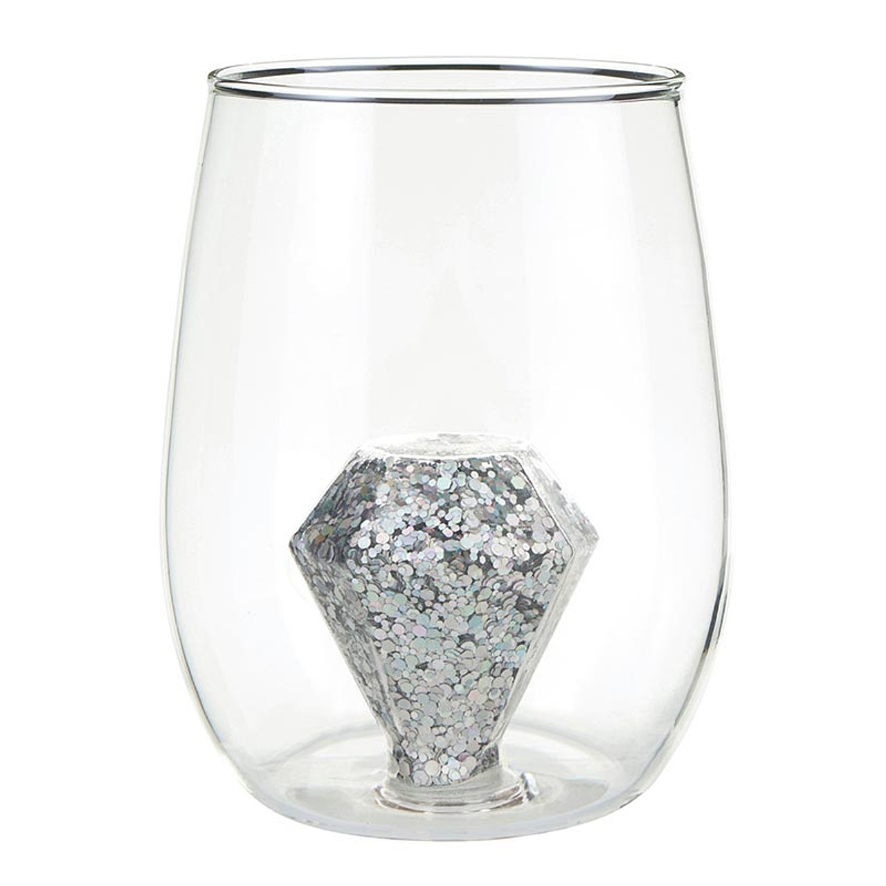 16oz Stemless Wine Glasses with 3D Glitter Diamond Figurine (Set of 4)