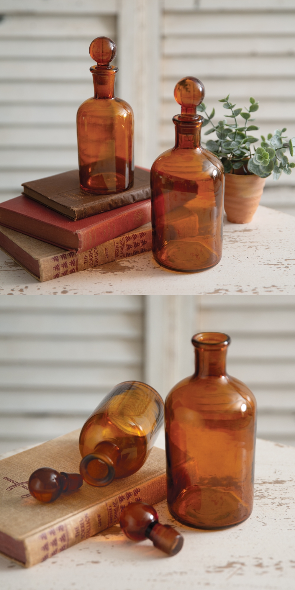 CTW Home Collection Antique-Inspired Amber-Glass Bottles with Stoppers