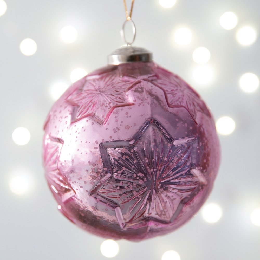 CTW Home Collection Snowflake Pattern Pink Mercury Glass Ornaments (Box of 4)