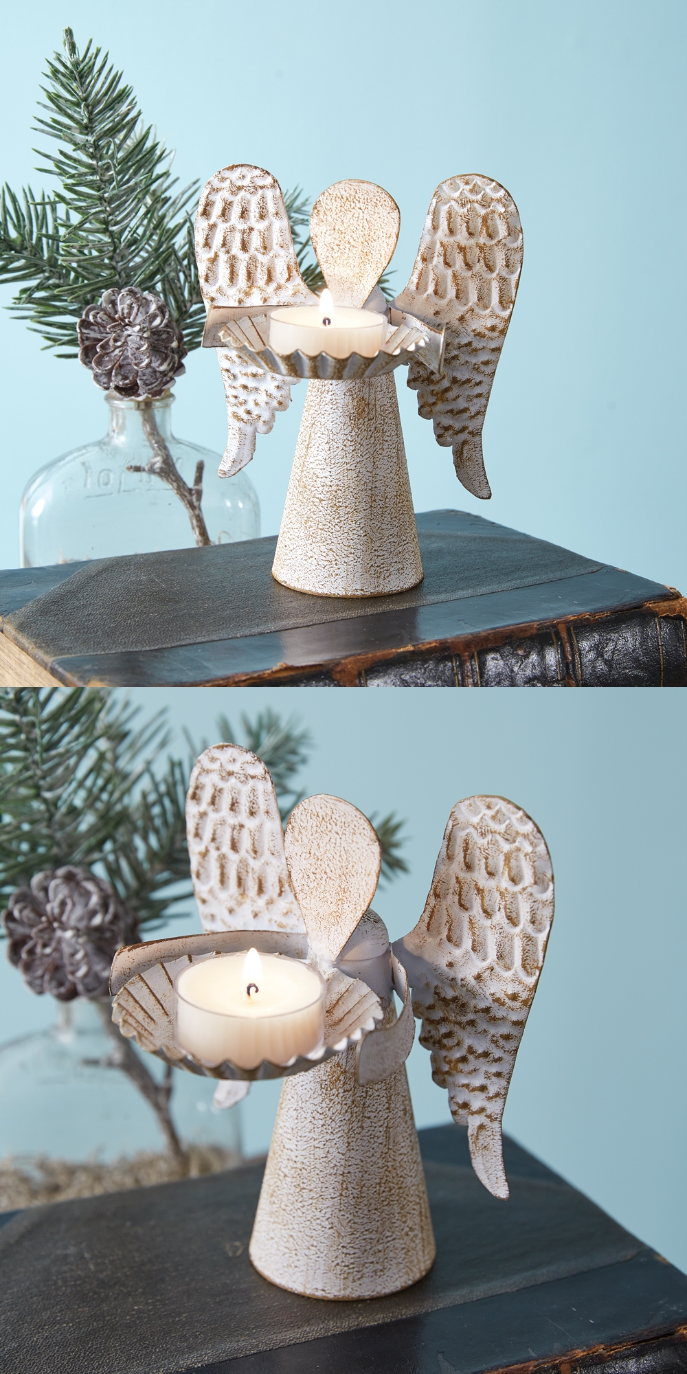 CTW Home Collection Distressed-White Tin Angel with Wings Tealight Holder