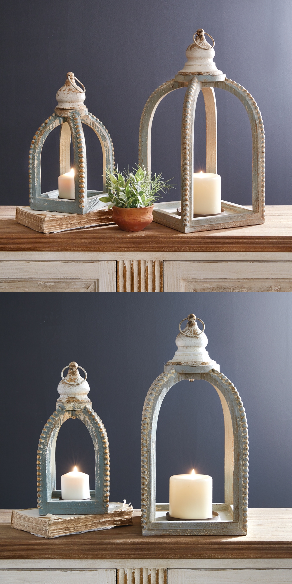 CTW Home Collection Set of Two 'St Tropez' Wooden Beaded-Edge Lanterns