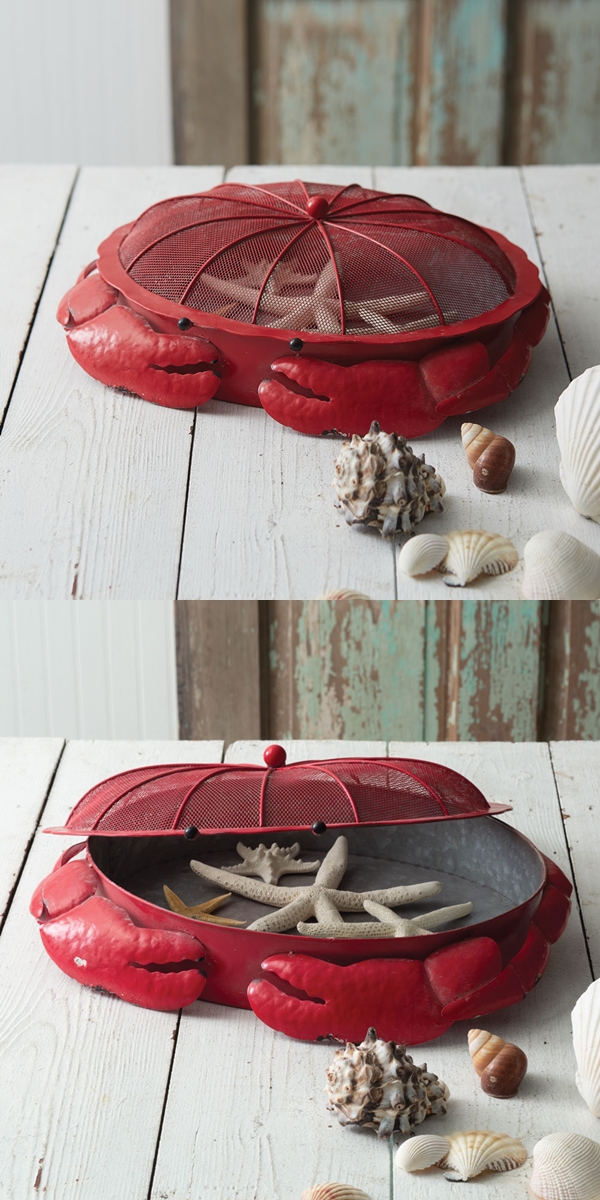 CTW Home Collection Red-Metal Crab-Shaped Sifter Tray with Wire Lid