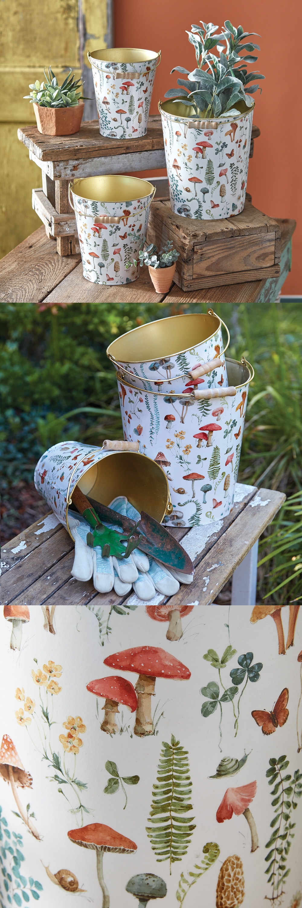 CTW Home Collection Set of 3 Botanical Motif 'Cottage' Core Metal Buckets