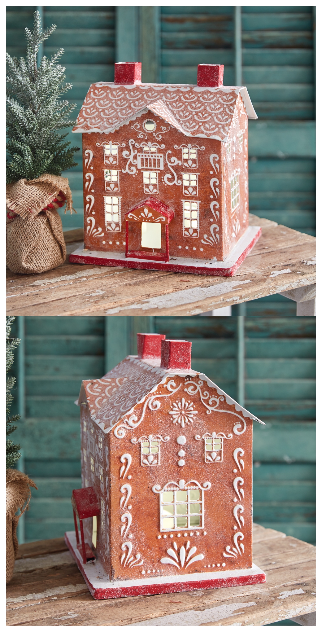 CTW Home Collection Metal Gingerbread Mansion Luminary with Hinged Door