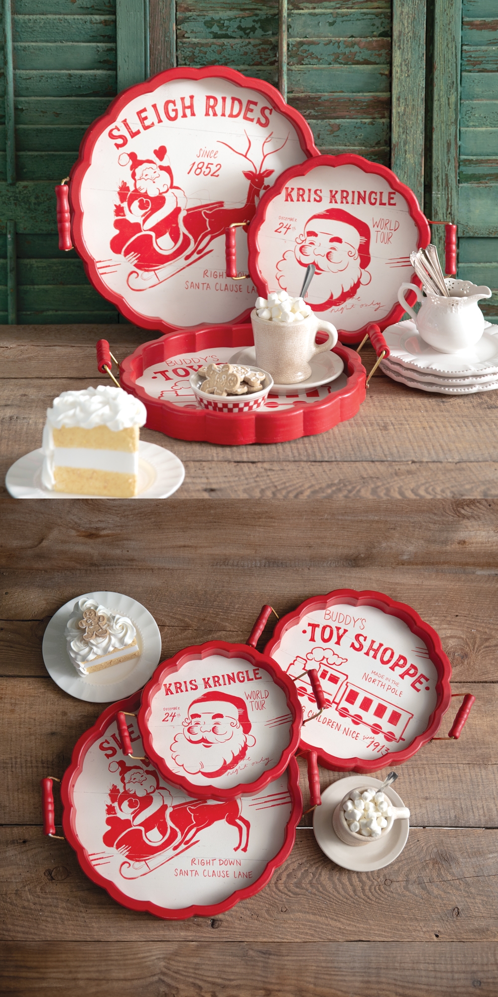 CTW Home Collection Set of Three Vintage-Look Red & White Holiday Trays