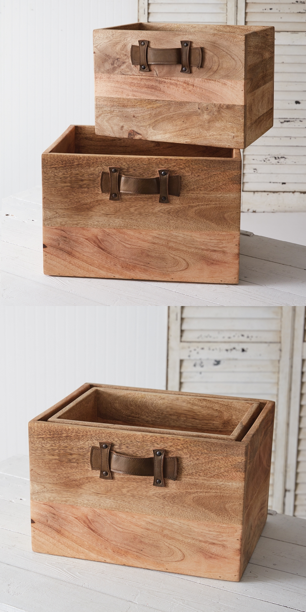 CTW Home Collection Set of Two Leather-Handled Mango-Wood Storage Boxes