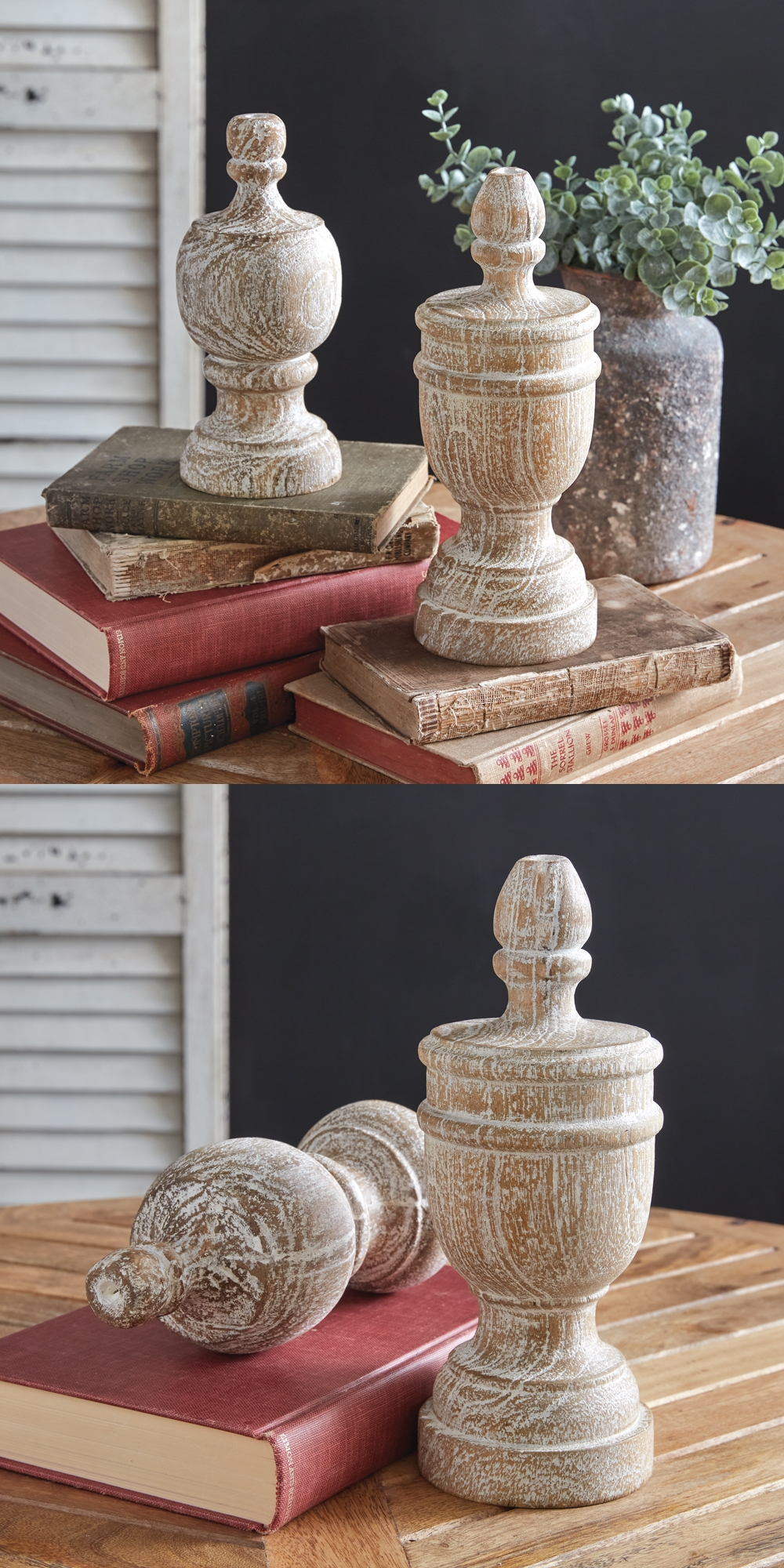 CTW Home Collection Set of Two Whitewashed Turned-Wood Finials