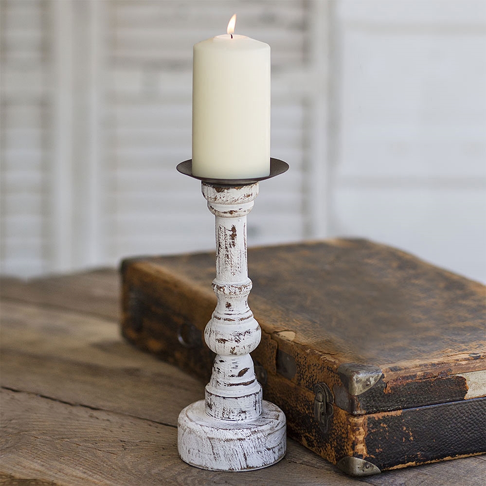 CTW Home Collection Antiqued-Wood Pillar Candle Holder with Round Base