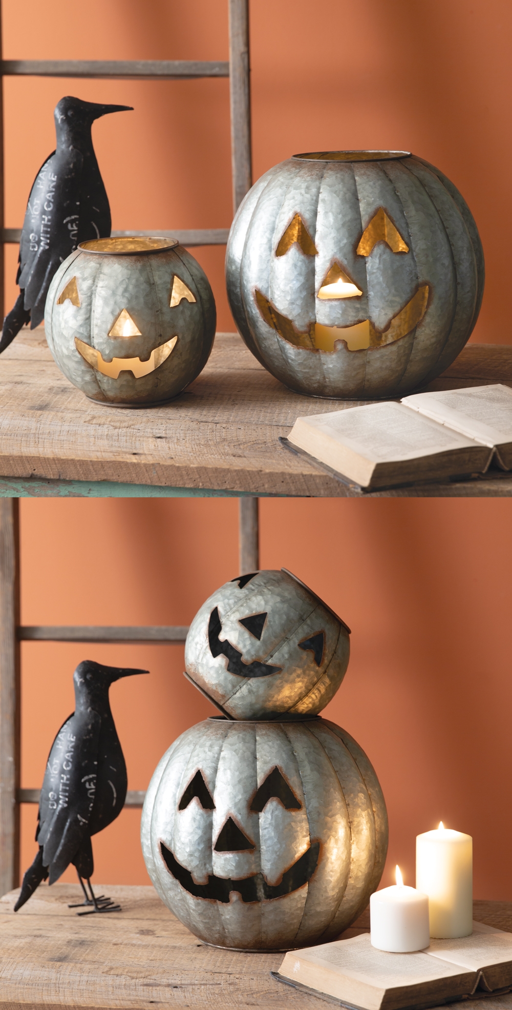 CTW Home Collection Set of Two Galvanized-Metal Pumpkin Luminaries