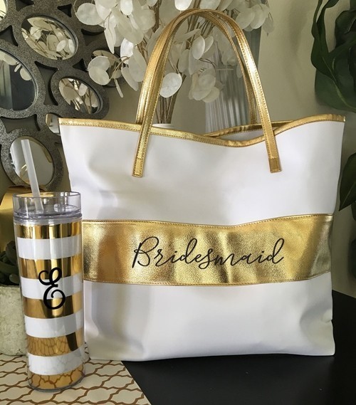 Bridal Party Gold Striped White Tote Bag With Metallic Gold Handles