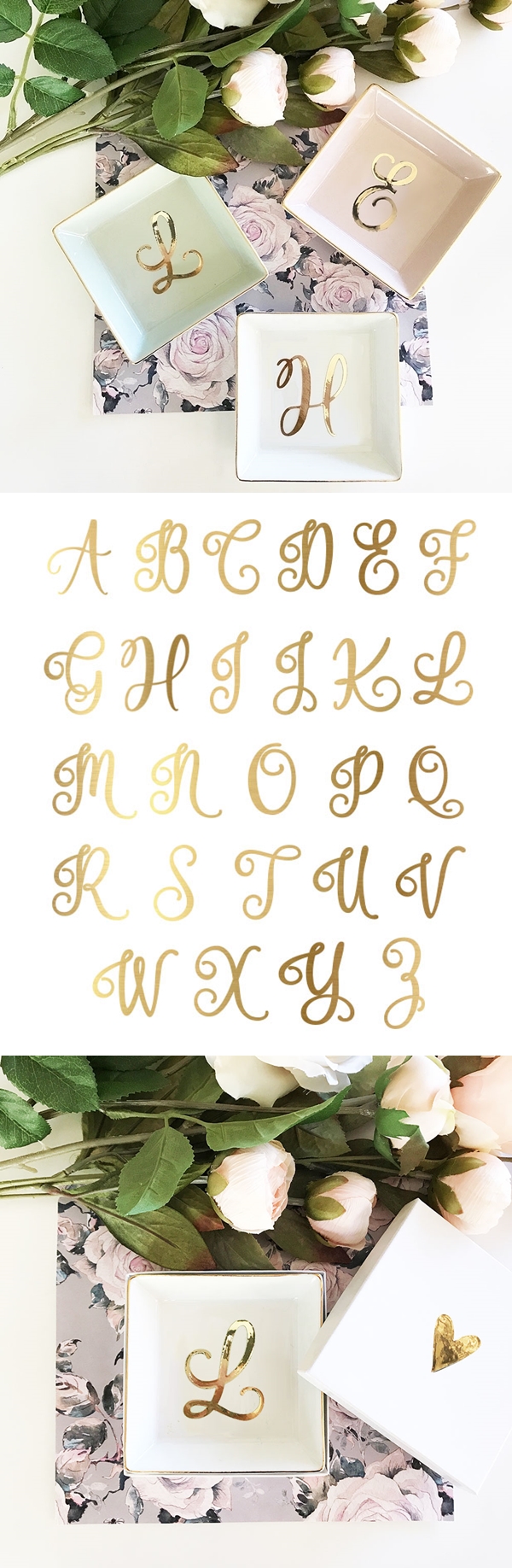 Event Blossom Ceramic Ring Dish with Gold Script Monogram (4 Colors)