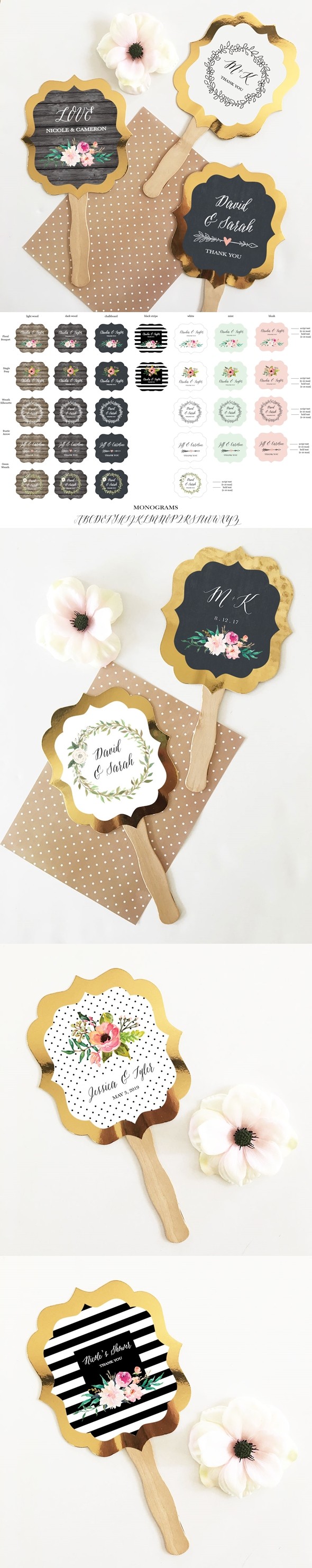 Event Blossom Personalized Floral Garden Gold Paddle Fans