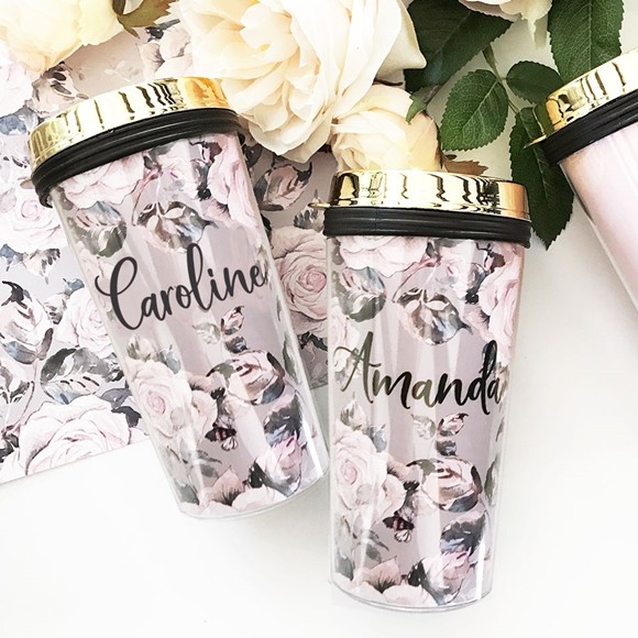 Personalized Rose Garden Travel Tumbler with Script Name and Gold Lid