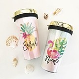 Personalized Tropical Beach Travel Tumbler with Script Name & Gold Lid