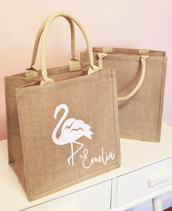 Event Blossom Personalizable Flamingo Design Burlap Tote Bag