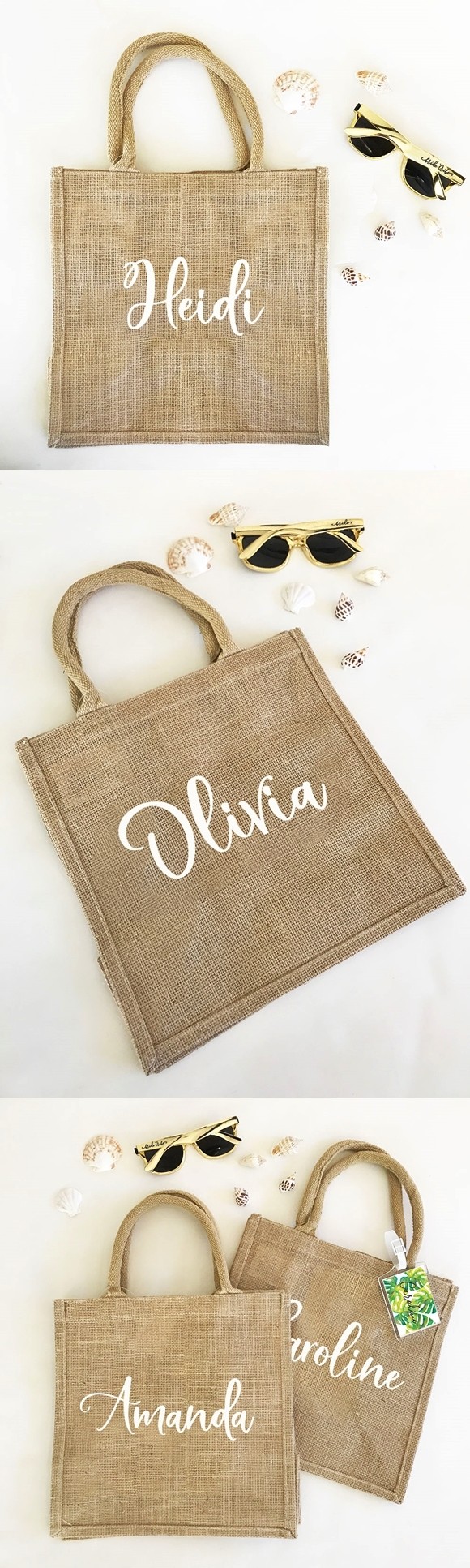 Personalized Burlap Tote Bag with Contemporary Script Name in White