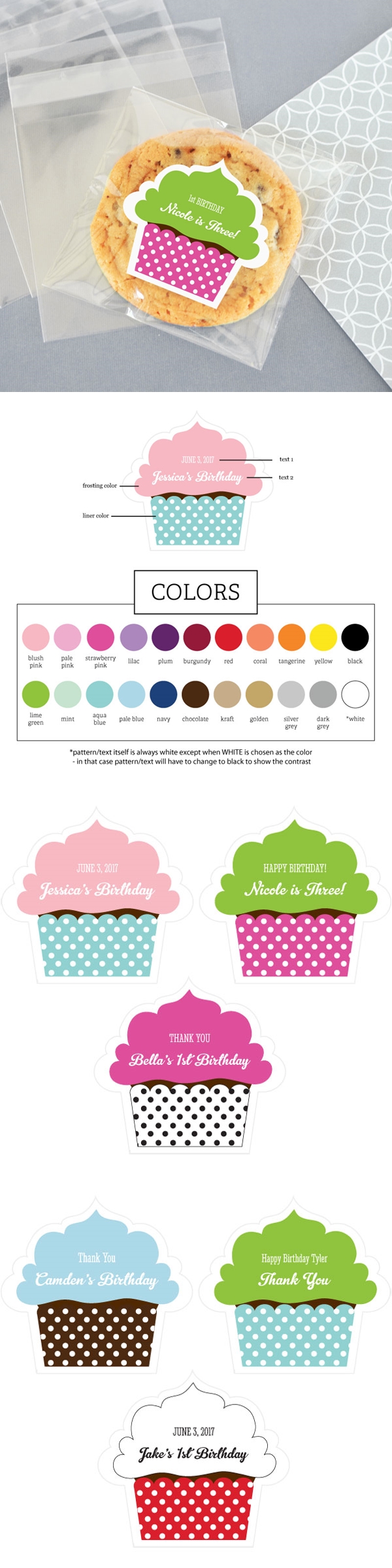 Personalized Colorful-Cupcake-Shaped Labels (22 Colors)