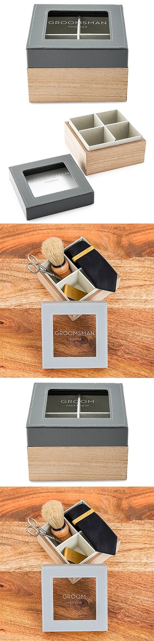 Wood and Faux-Leather Keepsake Box with Glass Lid - Groom or Groomsman